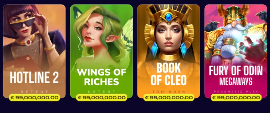 Rij met vier slottegels in het casino: Hotline 2, Wings of Riches, Book of Cleo en Fury of Odin Megaways, elk met kleurrijke cover art en een prijslabel onderaan
